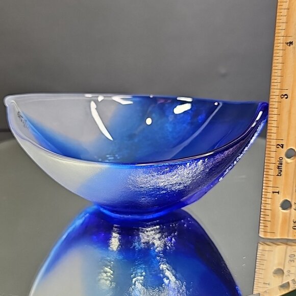 Mats Jonasson Hand Blown Glass Cobalt Blue White Dish Bowl Signed Nautical Ship - Picture 10 of 15